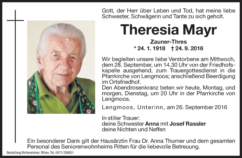  Traueranzeige für Theresia Mayr vom 26.09.2016 aus Dolomiten