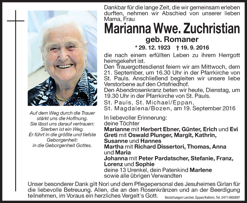  Traueranzeige für Marianna Zuchristian vom 20.09.2016 aus Dolomiten