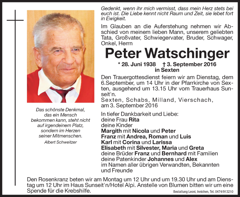  Traueranzeige für Peter Watschinger vom 05.09.2016 aus Dolomiten