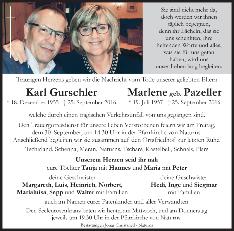  Traueranzeige für Karl Gurschler vom 28.09.2016 aus Dolomiten