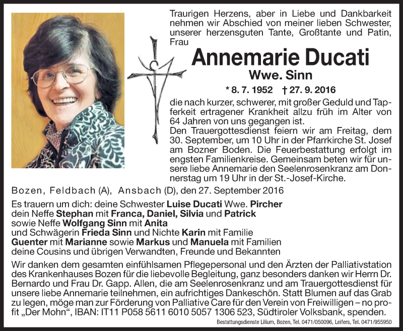  Traueranzeige für Annemarie Sinn vom 29.09.2016 aus Dolomiten