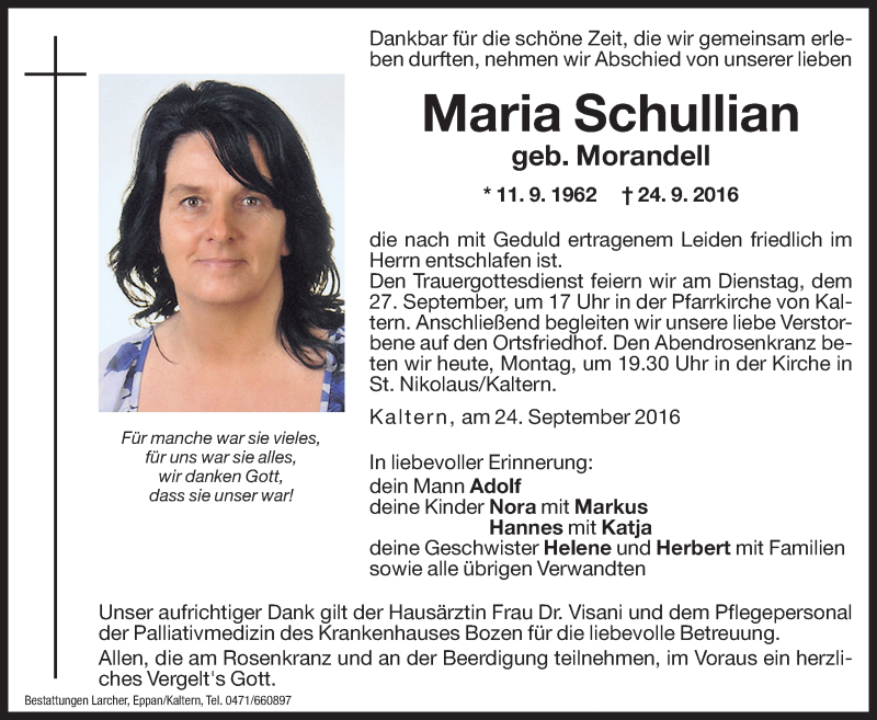  Traueranzeige für Maria Schullian vom 26.09.2016 aus Dolomiten