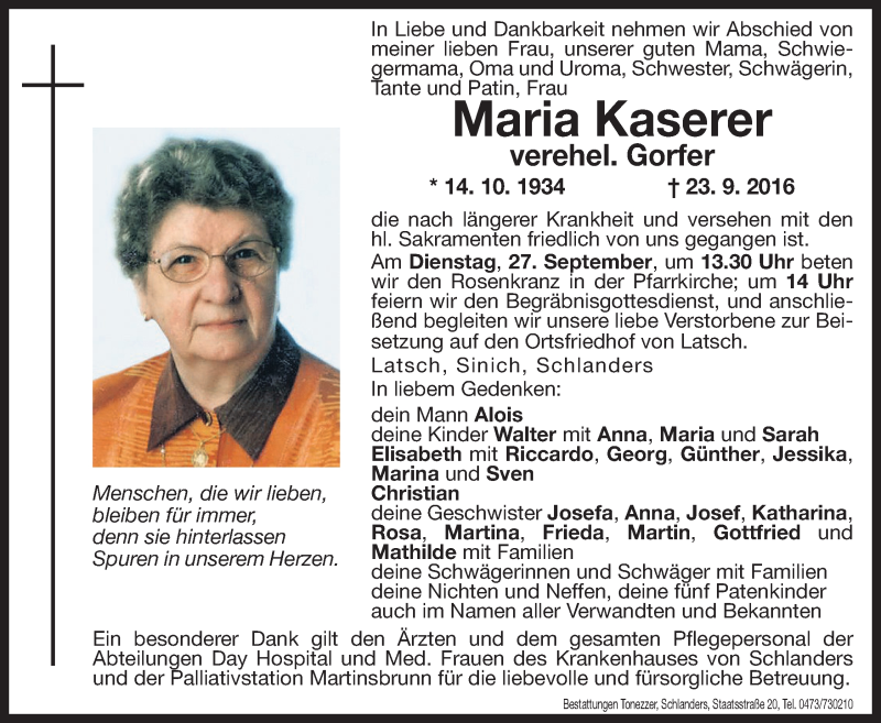  Traueranzeige für Maria Gorfer vom 26.09.2016 aus Dolomiten