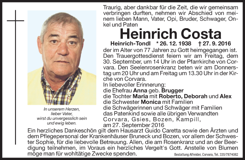  Traueranzeige für Heinrich Costa vom 29.09.2016 aus Dolomiten