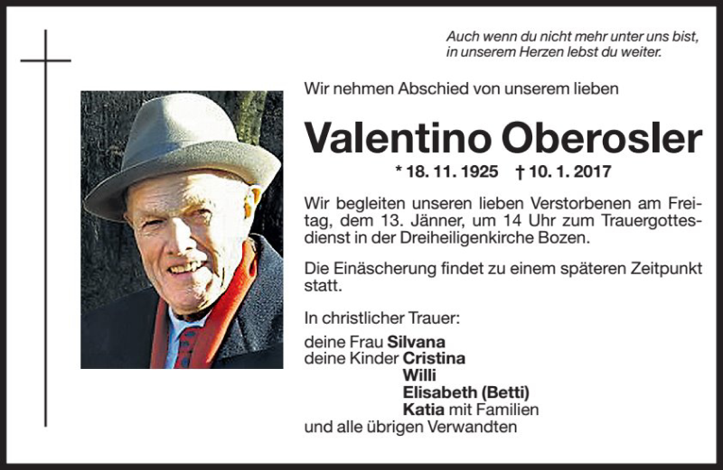  Traueranzeige für Valentino Oberosler vom 12.01.2017 aus Dolomiten
