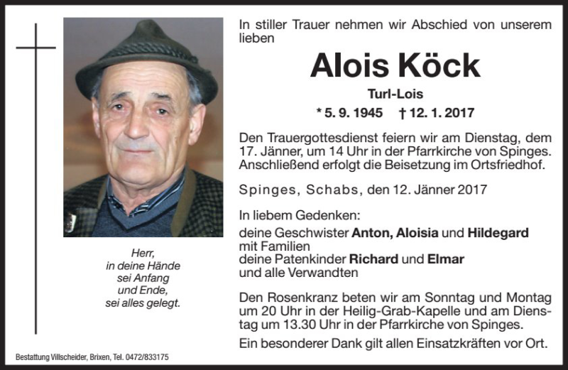  Traueranzeige für Alois Köck vom 14.01.2017 aus Dolomiten