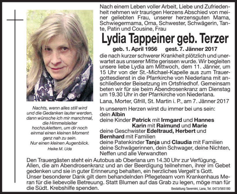  Traueranzeige für Lydia Tappeiner vom 10.01.2017 aus Dolomiten