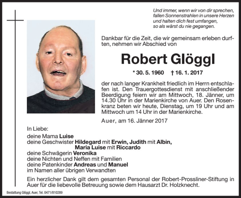  Traueranzeige für Robert Glöggl vom 17.01.2017 aus Dolomiten