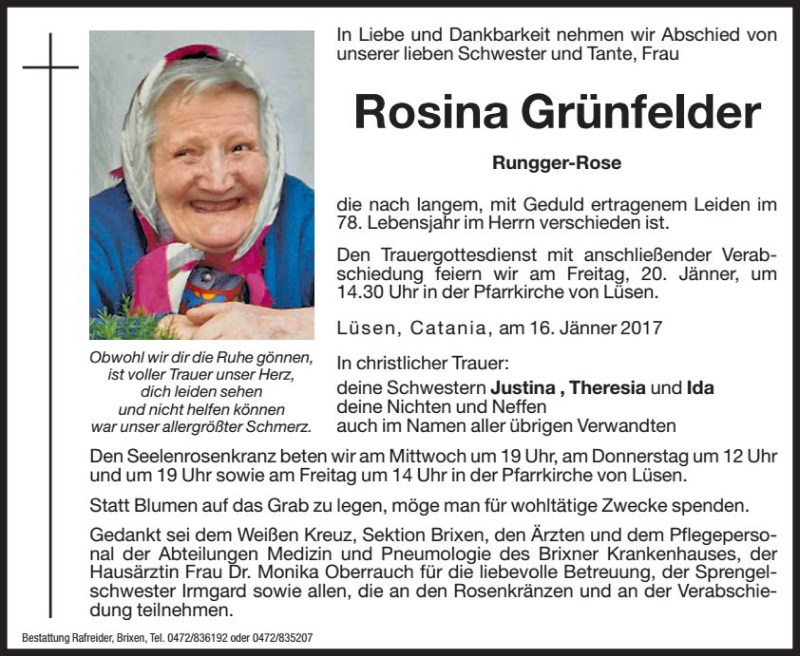  Traueranzeige für Rosina Grünfelder vom 18.01.2017 aus Dolomiten