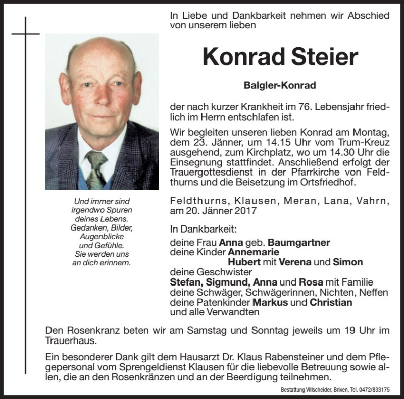 Traueranzeige für Konrad Steier vom 21.01.2017 aus Dolomiten