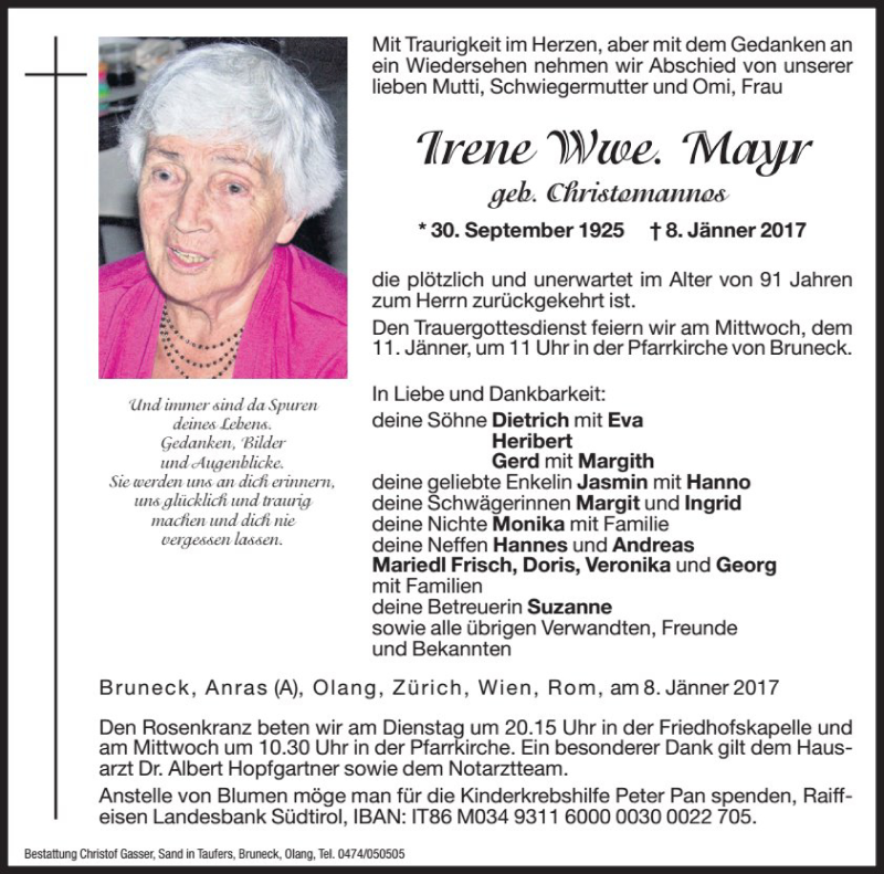  Traueranzeige für Irene Mayr vom 10.01.2017 aus Dolomiten