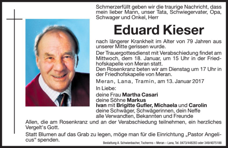  Traueranzeige für Eduard Kieser vom 16.01.2017 aus Dolomiten