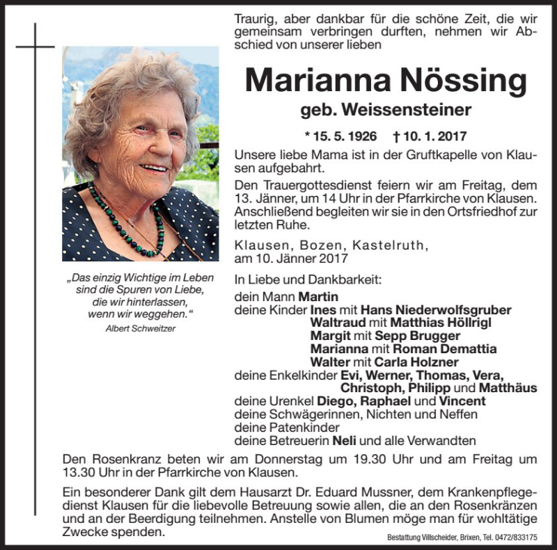 Traueranzeige für Marianna Nössing vom 12.01.2017 aus Dolomiten