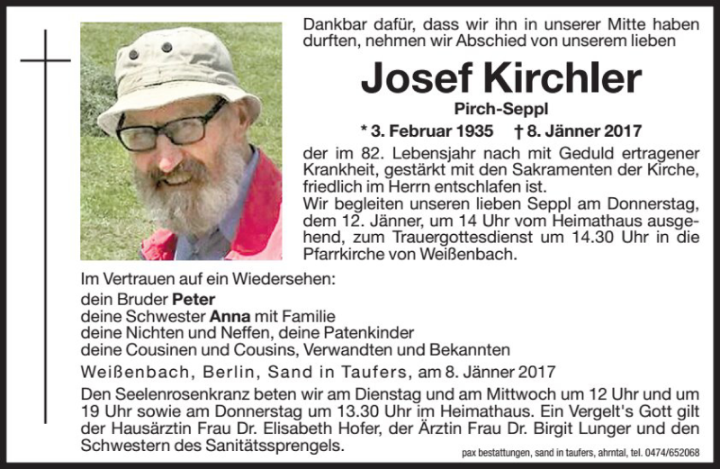  Traueranzeige für Josef Kirchler vom 10.01.2017 aus Dolomiten