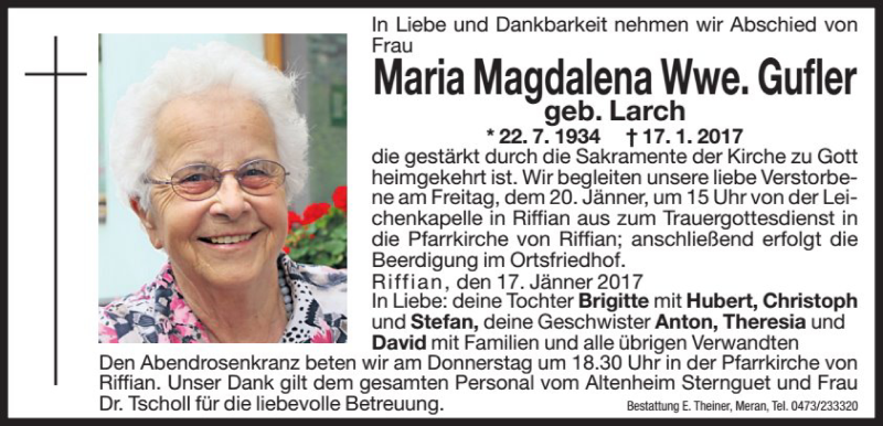  Traueranzeige für Maria Magdalena Gufler vom 18.01.2017 aus Dolomiten