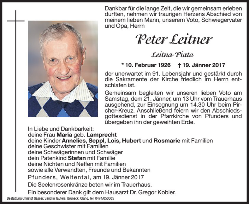  Traueranzeige für Peter Leitner vom 20.01.2017 aus Dolomiten