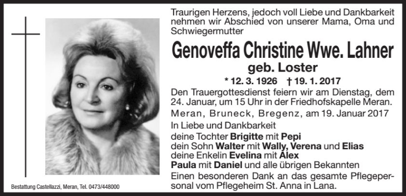  Traueranzeige für Genoveffa Christine Lahner vom 21.01.2017 aus Dolomiten