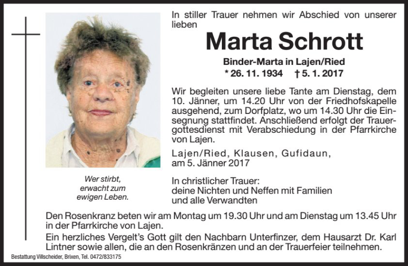  Traueranzeige für Marta Schrott vom 09.01.2017 aus Dolomiten