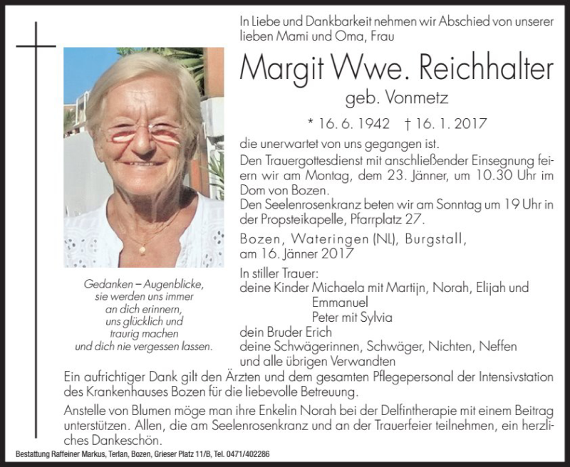  Traueranzeige für Margit Reichhalter vom 20.01.2017 aus Dolomiten