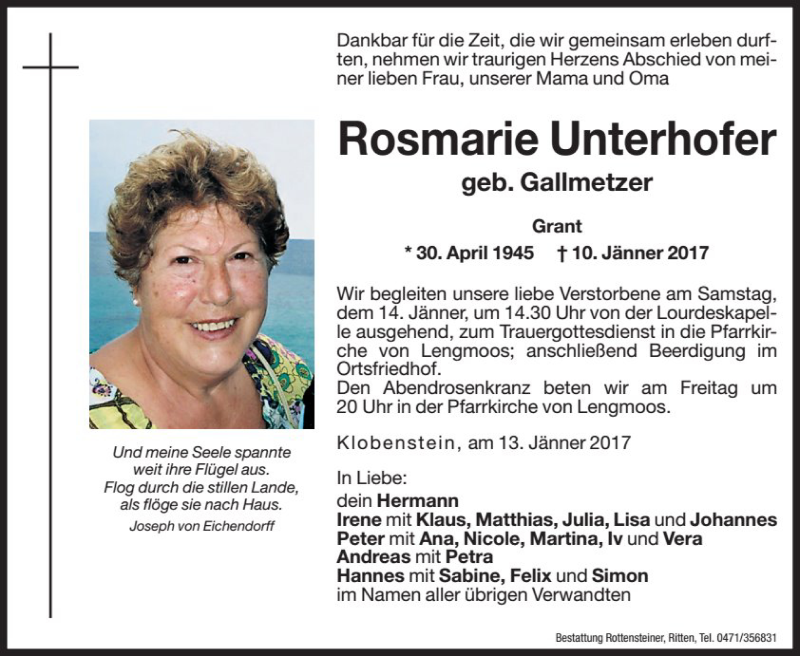 Traueranzeige für Rosmarie Unterhofer vom 13.01.2017 aus Dolomiten