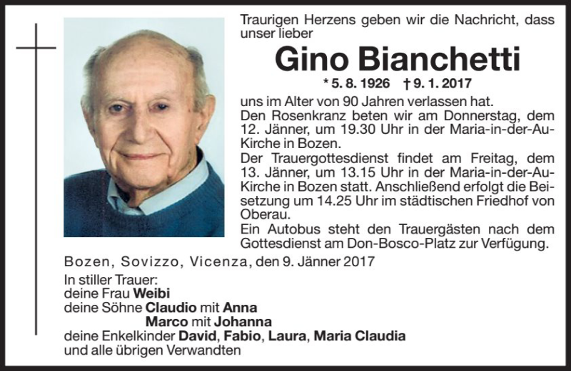  Traueranzeige für Gino Bianchetti vom 11.01.2017 aus Dolomiten