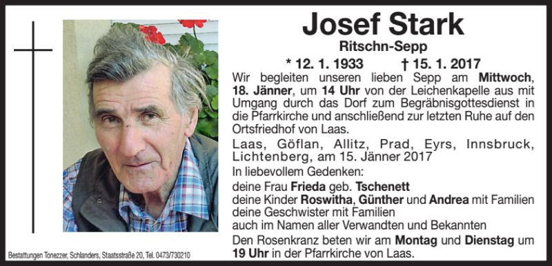 Traueranzeige für Josef Stark vom 16.01.2017 aus Dolomiten