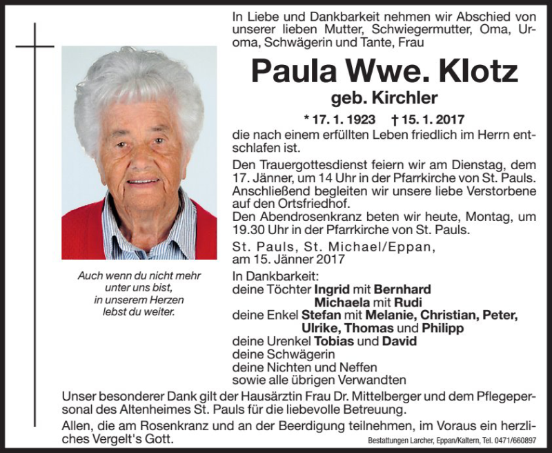  Traueranzeige für Paula  Klotz vom 16.01.2017 aus Dolomiten