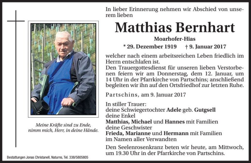  Traueranzeige für Matthias Bernhart vom 11.01.2017 aus Dolomiten