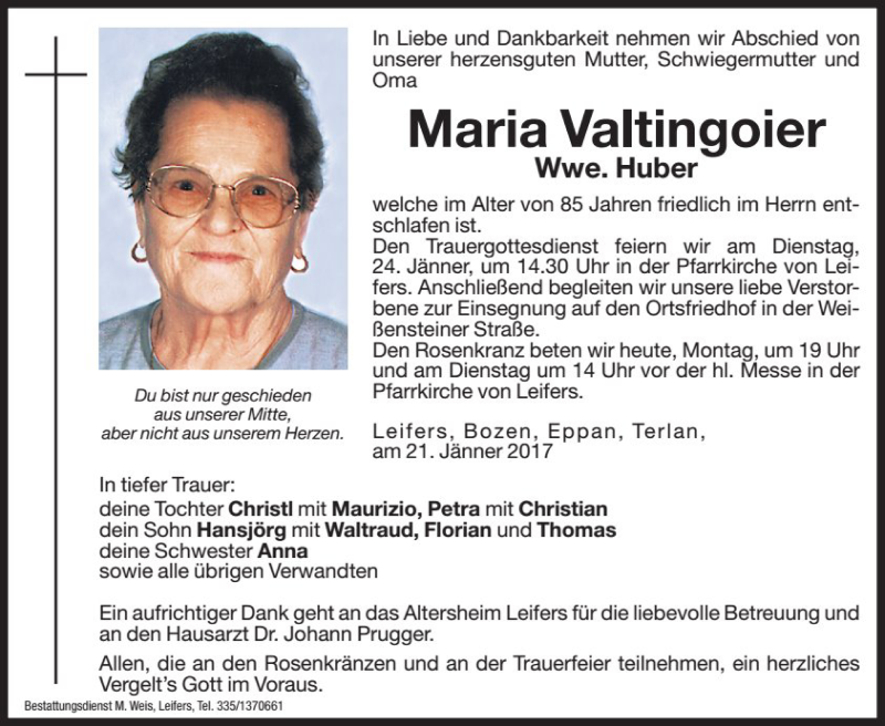  Traueranzeige für Maria Huber vom 23.01.2017 aus Dolomiten