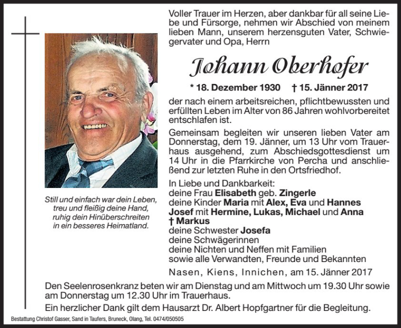  Traueranzeige für Johann Oberhofer vom 17.01.2017 aus Dolomiten