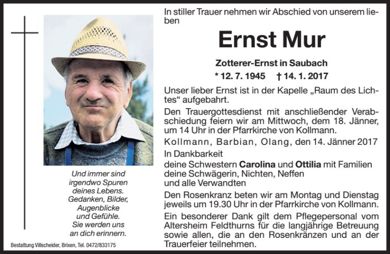  Traueranzeige für Ernst Mur vom 16.01.2017 aus Dolomiten