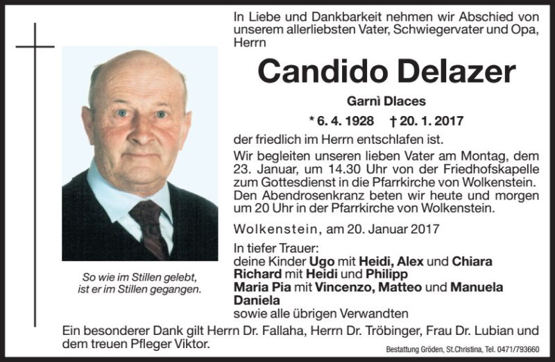  Traueranzeige für Candido Delazer vom 21.01.2017 aus Dolomiten
