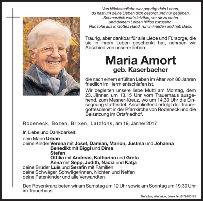  Traueranzeige für Maria Amort vom 21.01.2017 aus Dolomiten