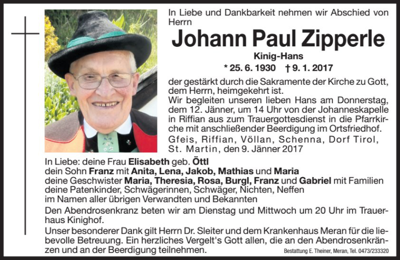  Traueranzeige für Johann Paul Zipperle vom 10.01.2017 aus Dolomiten