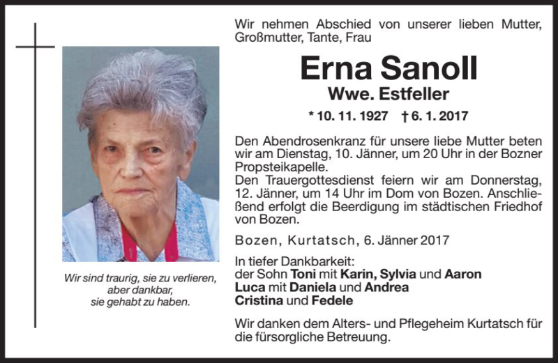  Traueranzeige für Erna Estfeller vom 10.01.2017 aus Dolomiten