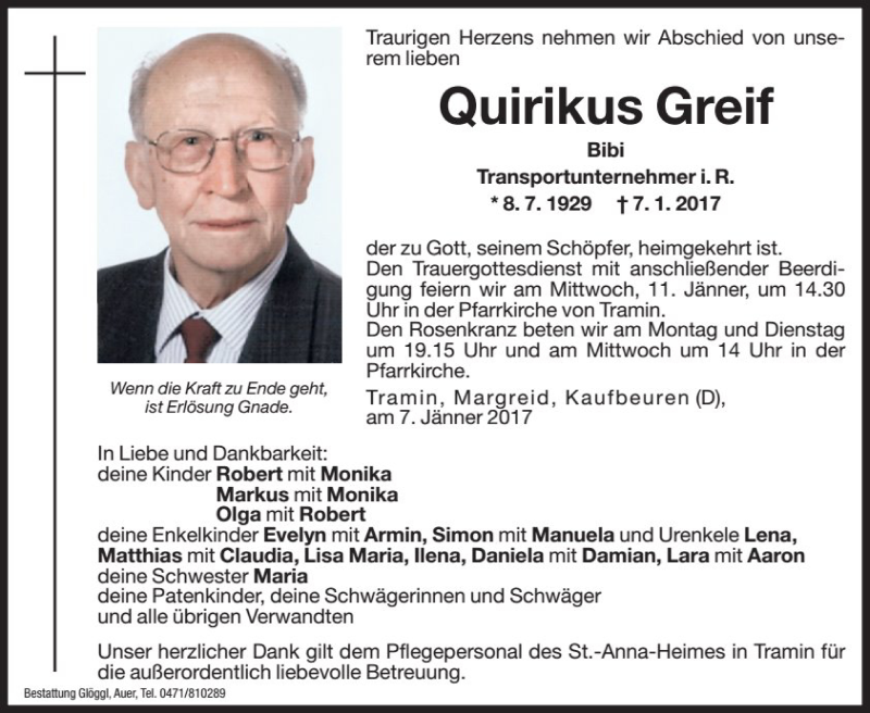  Traueranzeige für Quirikus Greif vom 09.01.2017 aus Dolomiten
