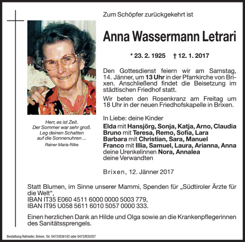  Traueranzeige für Anna Wassermann Letrari vom 13.01.2017 aus Dolomiten