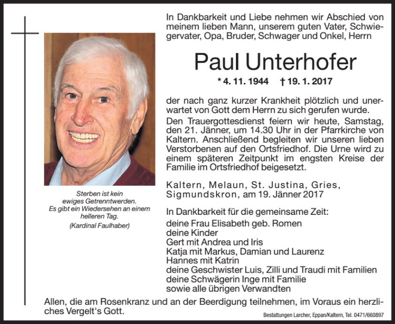  Traueranzeige für Paul Unterhofer vom 21.01.2017 aus Dolomiten