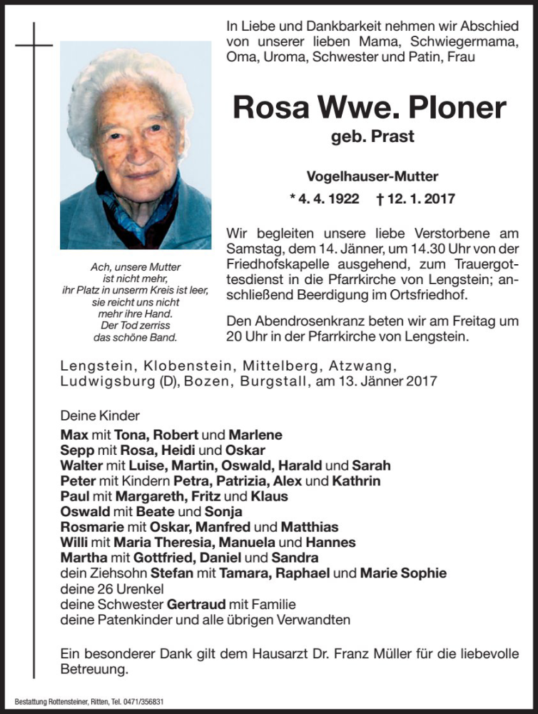  Traueranzeige für Rosa Ploner vom 13.01.2017 aus Dolomiten