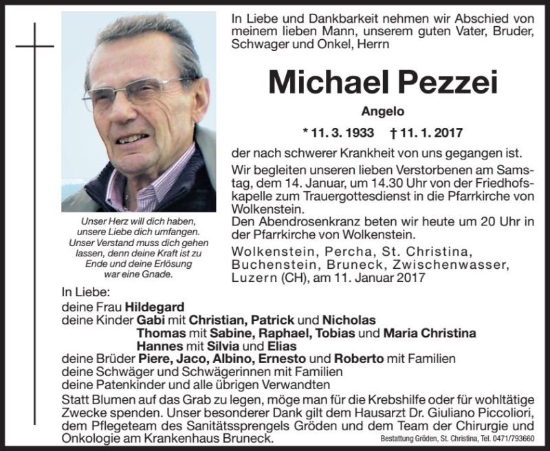  Traueranzeige für Michael Pezzei vom 13.01.2017 aus Dolomiten