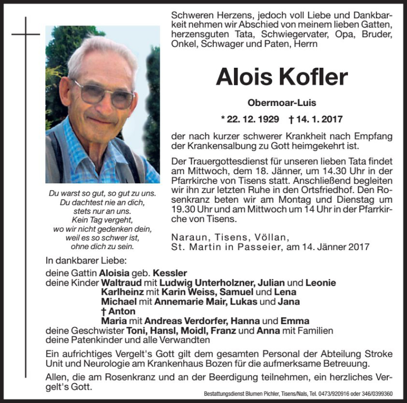  Traueranzeige für Alois Kofler vom 16.01.2017 aus Dolomiten