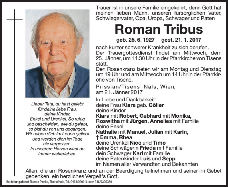  Traueranzeige für Roman Tribus vom 23.01.2017 aus Dolomiten