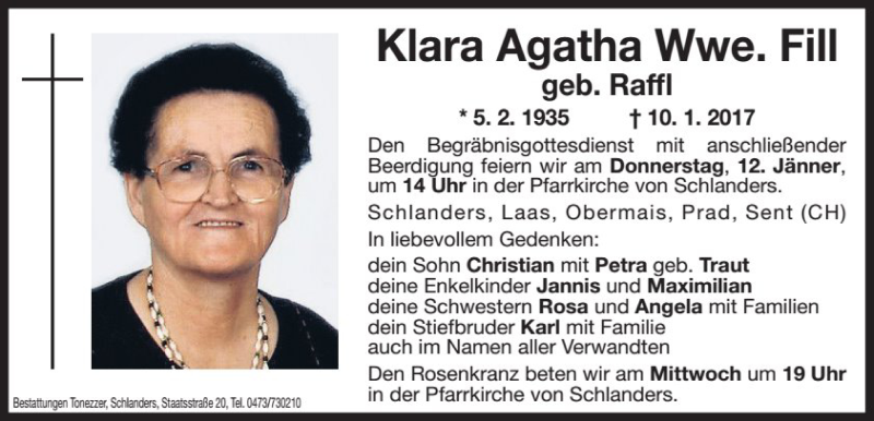  Traueranzeige für Klara Agatha Fill vom 11.01.2017 aus Dolomiten