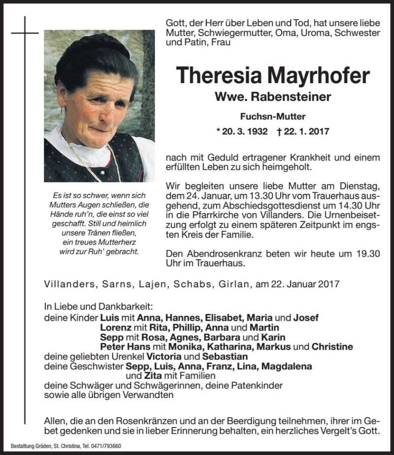  Traueranzeige für Theresia Rabensteiner vom 23.01.2017 aus Dolomiten