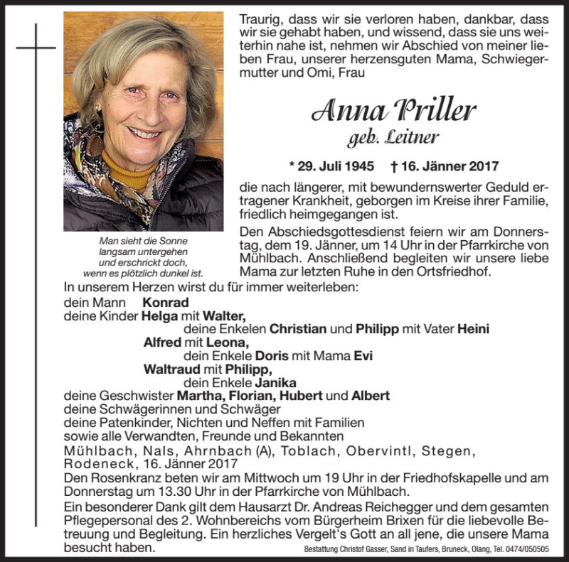 Traueranzeige für Anna Priller vom 18.01.2017 aus Dolomiten