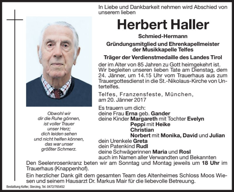  Traueranzeige für Herbert Haller vom 21.01.2017 aus Dolomiten