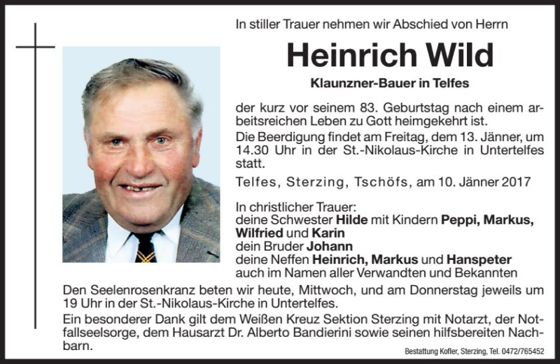  Traueranzeige für Heinrich Wild vom 11.01.2017 aus Dolomiten