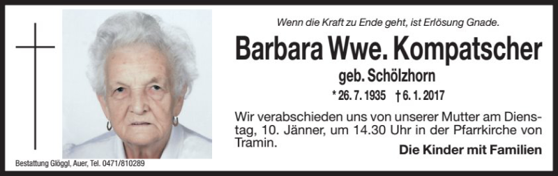  Traueranzeige für Barbara Kompatscher vom 09.01.2017 aus Dolomiten