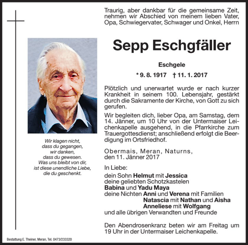  Traueranzeige für Sepp Eschgfäller vom 13.01.2017 aus Dolomiten