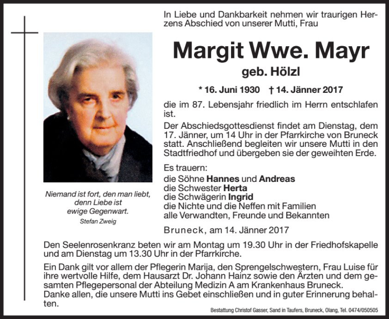  Traueranzeige für Margit  Mayr vom 16.01.2017 aus Dolomiten